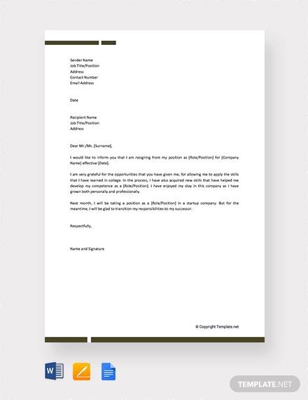 free formal resignation letter for company