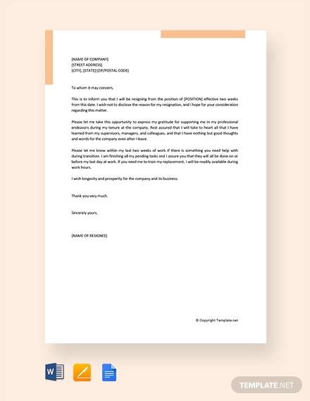 free resignation letter for company
