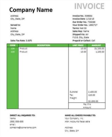 green travel company invoice sample