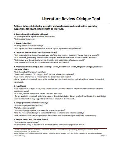 literature review critique tool sample
