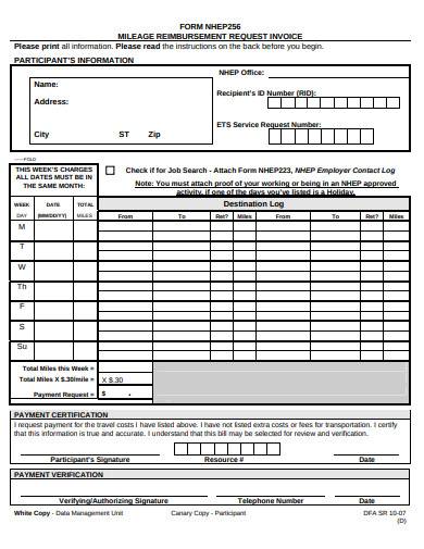 mileage reimbursement request invoice form