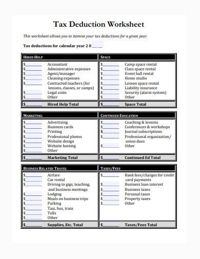 personal tax deduction worksheet template