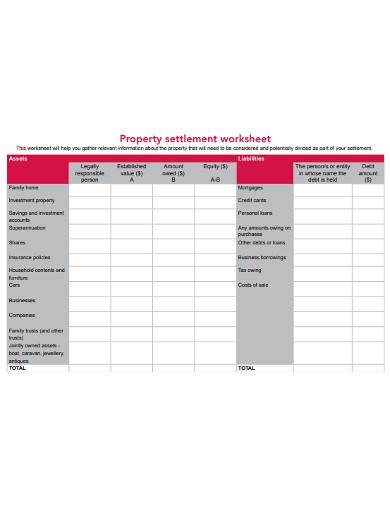 property settlement worksheet