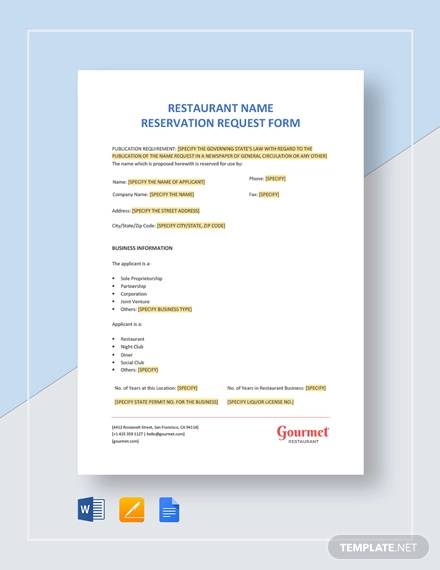 restaurant name reservation request form template