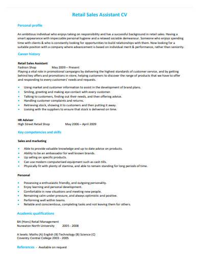 retail sales assistant cv sample