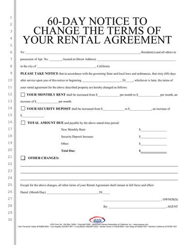 sample 60 day notice agreement to change terms of rental agreement