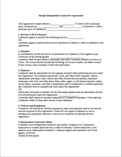 sample agreement contractor agreement template