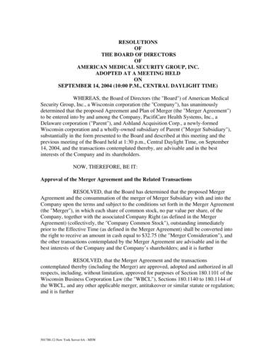sample board resolution agreement for approve a merger agreement