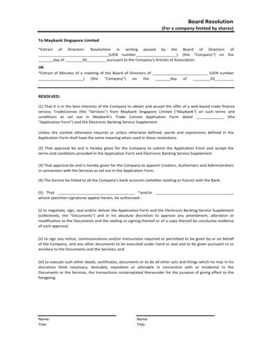 sample board resolution agreement for bank application