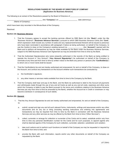 sample board resolution agreement for companies