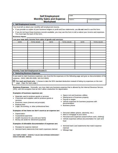 self employment monthly sales and expense worksheet