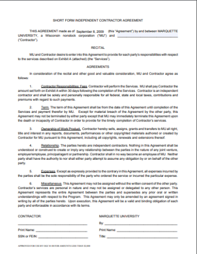 short form independent contractor agreement templates