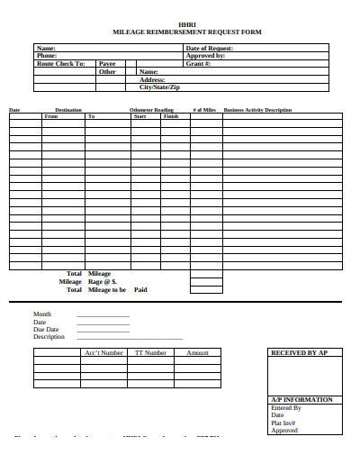 standard mileage reimbursement request form