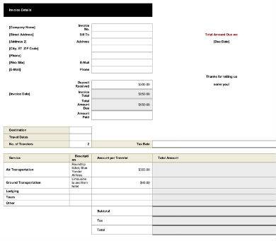 standard travel invoice details sample
