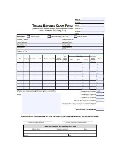 travel expense reimbursement claim form sample