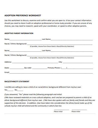 adoption preference worksheet