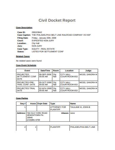 civil docket report sample