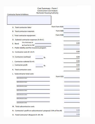 construction cost analysis form sample