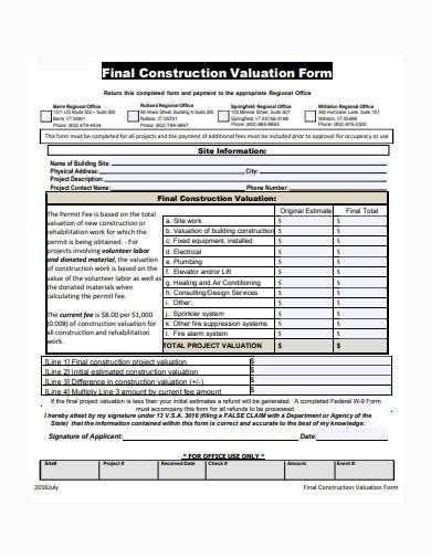 final construction valuation form template