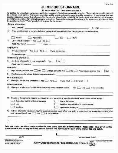juror questionnaire example