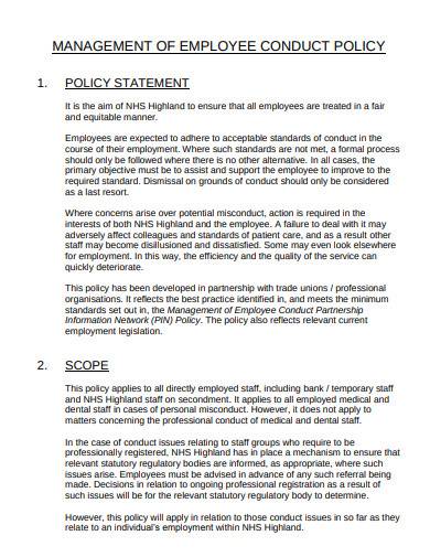 management of employee conduct policy