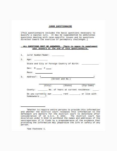 printable juror questionnaire template
