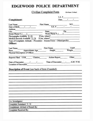 simple civilian complaint form template