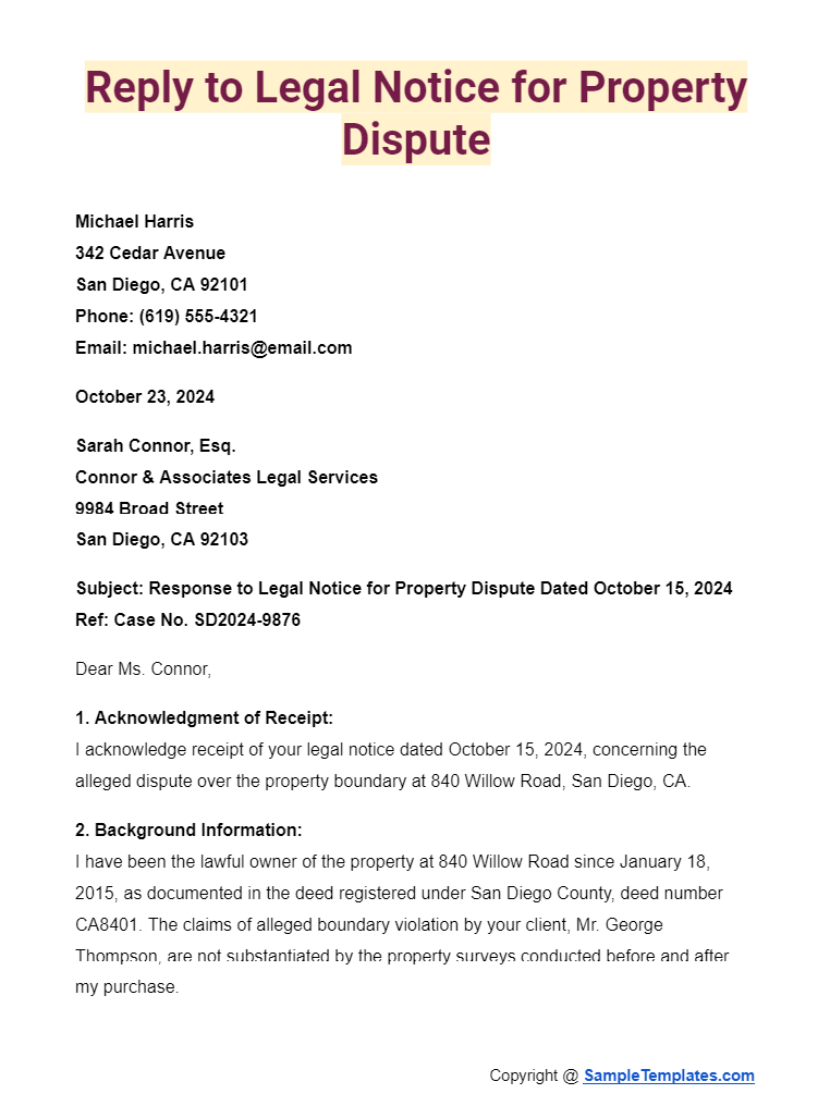 reply to legal notice for property dispute