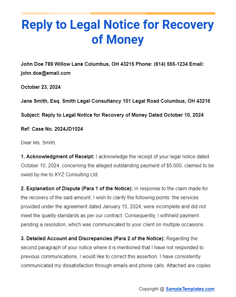 reply to legal notice for recovery of money