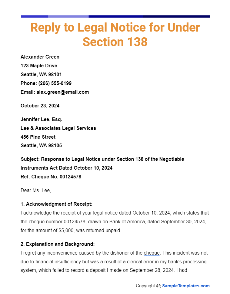 reply to legal notice for under section 138