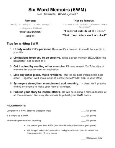 six word memoirs sample and grading template page 001