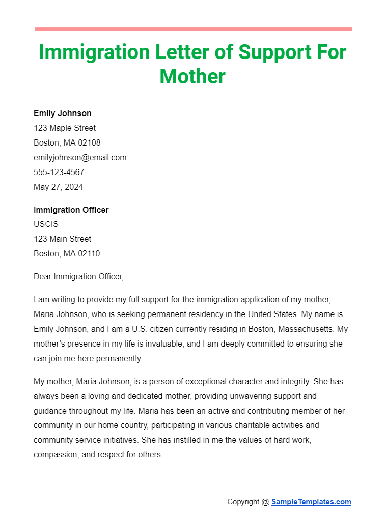 immigration letter of support for mother