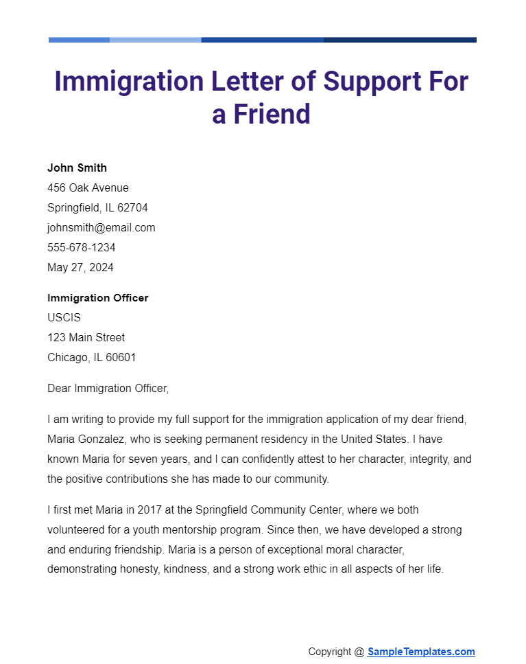 immigration letter of support for a friend