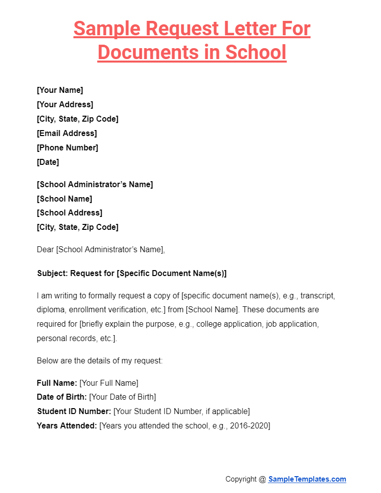 sample request letter for documents in school