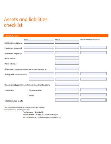 assests and liabilities checklist