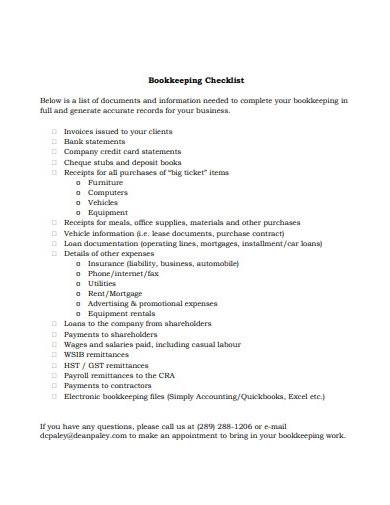 12+ Bookkeeping Checklist Samples and Templates in PDF | MS Word
