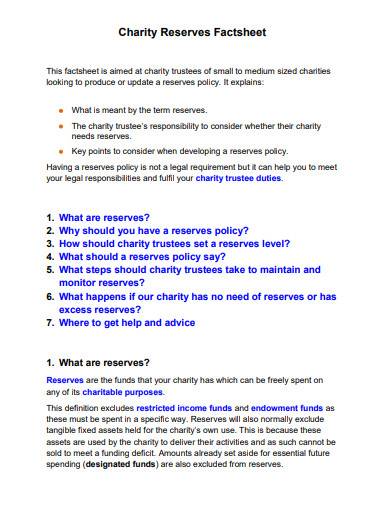charity reserves factsheet template