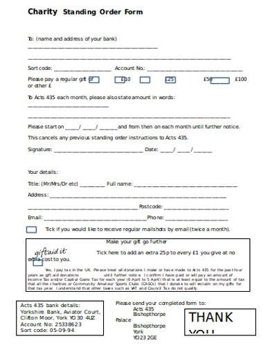 charity standing order form sample