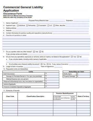 commercial general liability application template