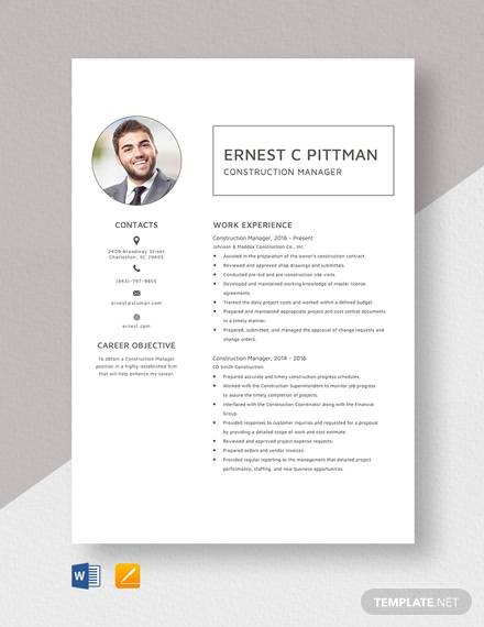 construction manager resume template