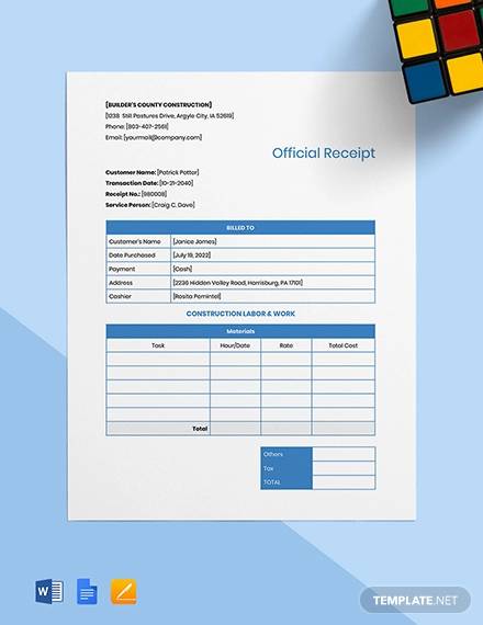 construction work receipt template