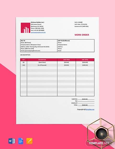 free basic construction work order template