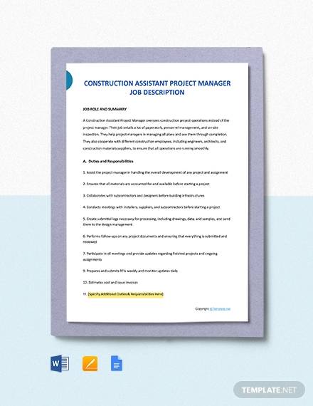 free construction assistant project manager job description template