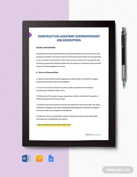 free construction assistant superintendent job description template