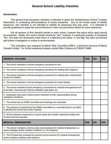general school liability checklist 