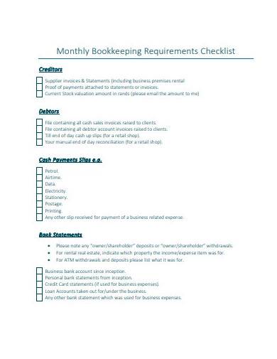 monthly bookkeeping requirements checklist