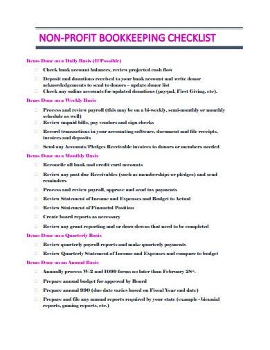 non profit bookkeeping checklist template