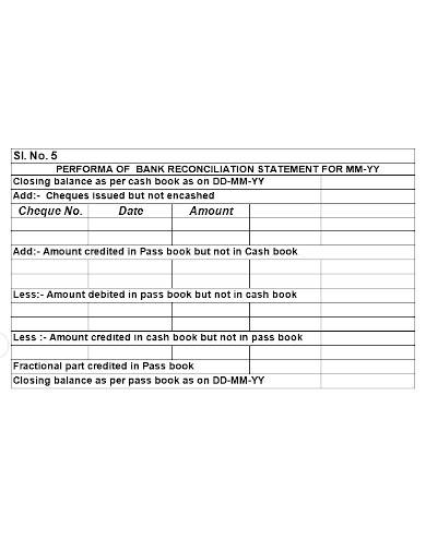 performa of bank reconciliation statement