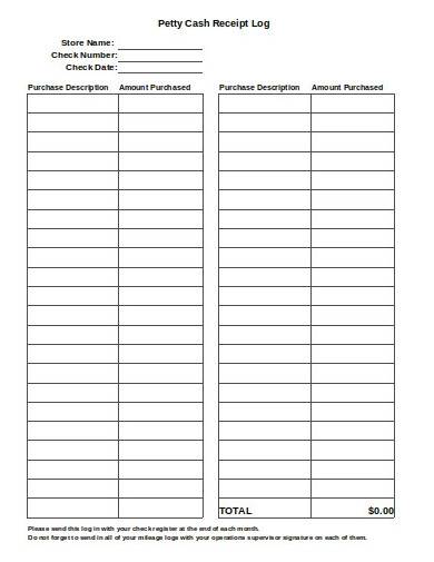 petty cash receipt log template