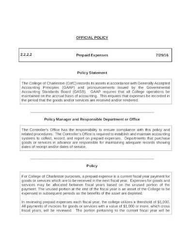 prepaid expenses policy template